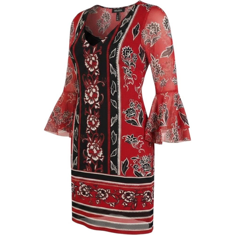 Allison‎ Brittney Mesh Bell Sleeve Dress Womens Small Floral Boho Whimsigoth